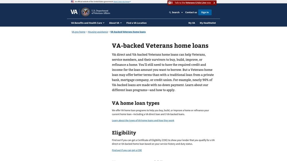 Screenshot of VA Home Loan Program website