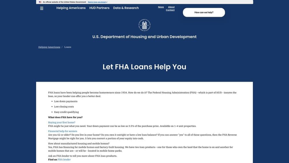 Screenshot of FHA Loan (Federal Housing Administration) website